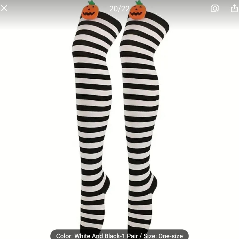Halloween Black and White Over Knee Long Striped Thigh High Socks w/Pumpkins